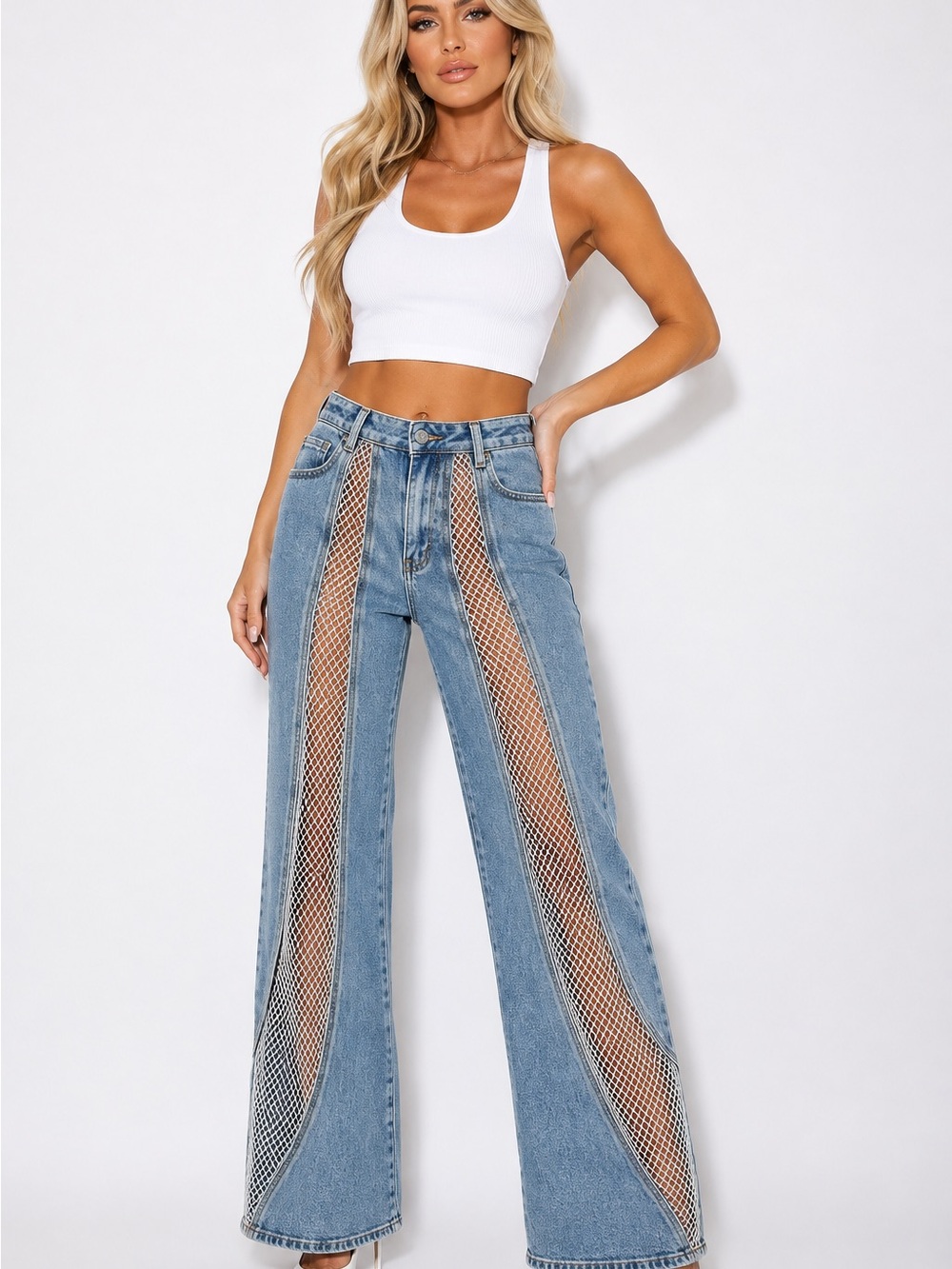 AKIRA Light Blue Denim Rhinestone Mesh Cutout Wide Leg Jeans NWT Small